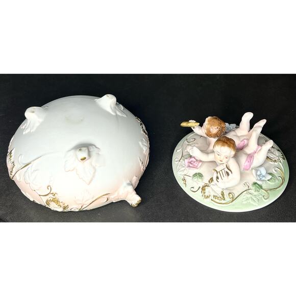VTG Cherubs COVERED DISH Bisque Porcelain Footed Dresser Box Harp Horn Gold Pink - Picture 10 of 11
